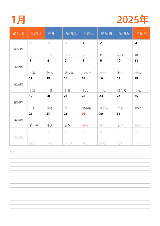 2025年日历台历 中文版 纵向排版 带周数 周日开始